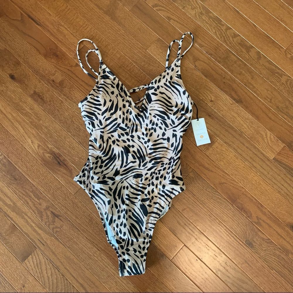 NWT New SHADE & SHORE Leopard Animal Print Monokini Swimsuit Tan Brown M 8 10 - Picture 5 of 9